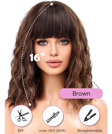 WOKESTAR Brown Curly Wavy Bob Wig with Neat Fringe and Highlights - Synthetic Wigs for Women - Buy Online on GoSupps.com