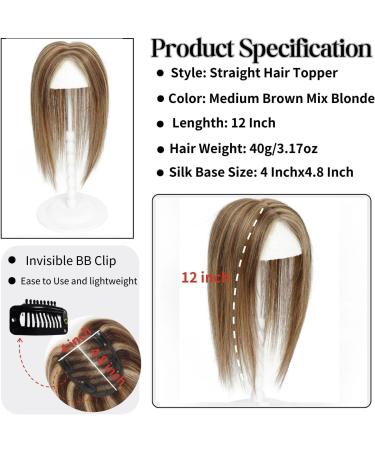 Real Hair Blonde Hair Topper for Thinning Hair Women - 12 Medium Brown Mix Blonde - Silk Base Human Hair - 10x12cm - Buy Online on GoSupps.com