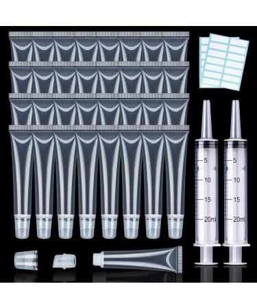 AMORIX 50PCS 20ml Lip Gloss Tubes Clear Empty Lip Balm Containers Refillable Soft Cosmetic Squeeze Tubes for DIY Lipgloss Base, Glitter, Flavoring Oil with 2 x Syringes + Tag Labels Stickers