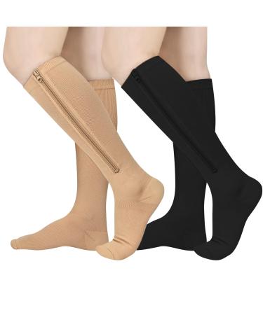 2 Pairs Zipper Compression Socks, 15-20 mmHg Closed Toe Compression Stocking with Zipper for Women and Men Multicolor Small-Medium