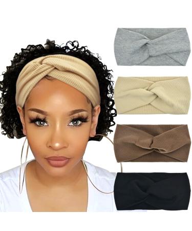 DRESHOW 4 Pack Girls Turban Wide Headbands for Women Headwraps Knotted Elastic Yoga Workout Solid Color Hair Accessories 4 Pack Ribbing Cross Headbands C