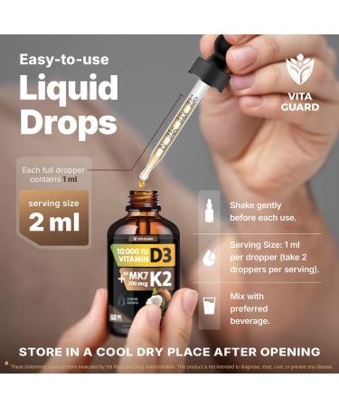 Vita Guard (2 Pack) Vitamin D3 K2 Liquid Drops 10 000 IU + 200 mcg MK-7 High Absorption Sugar-Free Non-GMO Bone & Immune Booster Vegan Supplement with Coconut Oil 60 ml (2 oz) - Buy Online on GoSupps.com