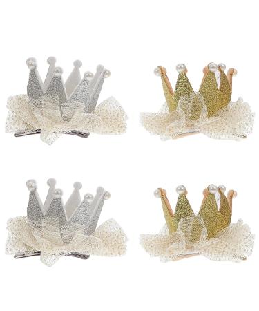 4pcs children crown hair clips artificial pearls glitter crown hair clip crown crown hair needle for young children women girls gold-silver net