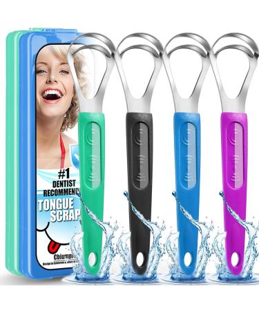 Tongue Scraper, 4 Pack Medical Grade Metal Stainless Steel Tongue Scraping Tools Kit with Dual Scraping Heads & Antiskid Grip Handle for Adults and Kids - with Case