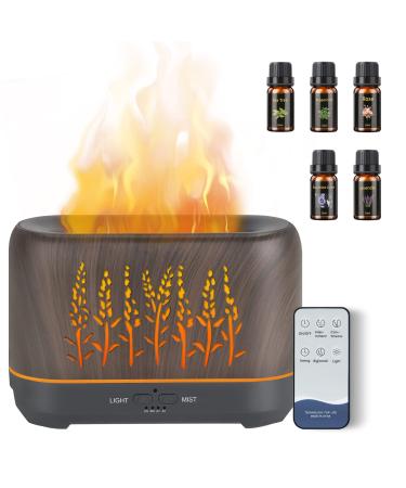 NEWYID Aromatherapy Diffuser with 5 Essential Oils, Oil Diffuser with Flame Light 3 Mist Mode 4 Timer Up to 12H of Continuous Aroma Waterless Auto-Off Essential Oil Diffusers for Home(Dark Brown) Dark Wood+oil