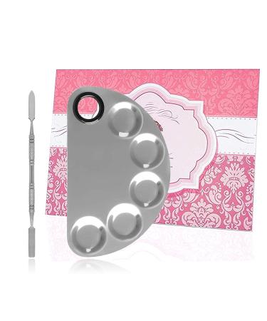 Makeup Palette, KissDate 6x4inch Stainless Steel 5-well Cosmetic Artist Mixing Palette with Spatula Tool for Nail Art Eye Shadow Eyelash Mixing Foundation (Silver) Semi-arc Style