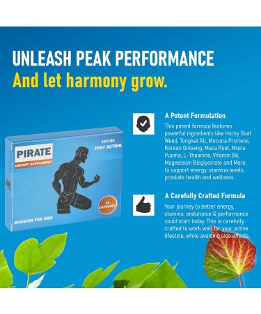 Pirate Fast-Acting Performance Enhancer for Men Optimized Herbal Energy & Stamina Formula with Horny Goat Weed Maca Tongkat Ali Muira Puama L-Arginine & Vitamin B6 Endurance & Vitality Support - Buy Online on GoSupps.com