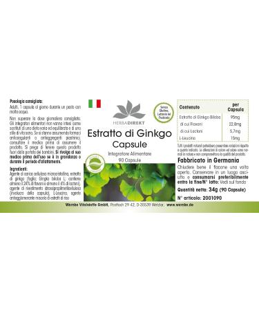 Extrait de Ginkgo Biloba 95mg - 90 G lules - V g tarien | Herba Direkt - Qualit des pharmacies allemandes - Buy Online on GoSupps.com
