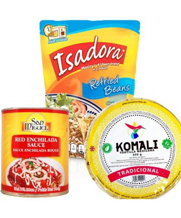 Enchilada Kit - Red/Mexican Food Kit for Enchilada Roja with Komali Tortilla Wraps and Isadora Refried Beans in Pouch - Buy Online on GoSupps.com