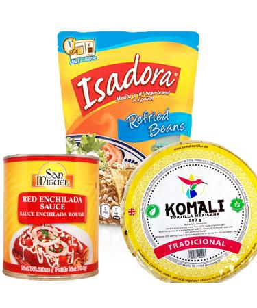 Enchilada Kit - Red/Mexican Food Kit for Enchilada Roja with Komali Tortilla Wraps and Isadora Refried Beans in Pouch