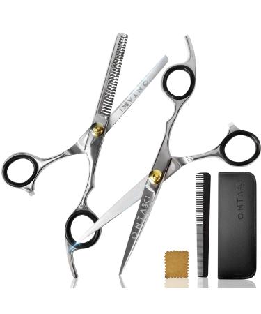 ONTAKI Hair Cutting Scissors Thinning Shears Kit - 7 Overall Length Professional Hair Scissors set - Japanese Steel Hair Shears with 1 Comb & Pouch - Razor Edge Barber Scissors for Men & Women Silver