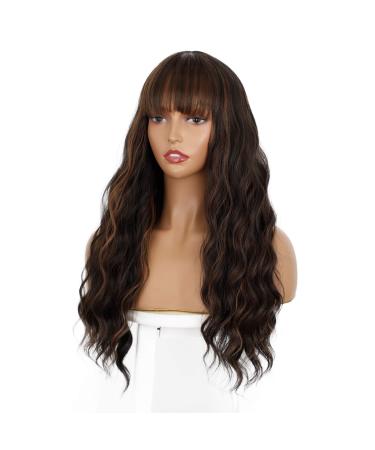 ENTRANCED STYLES Dark Brown Wig with Bangs, Long Wavy Wigs for Women Blonde Highlights Wig Natural Looking Heat Resistant Synthetic Wigs Daily Party Use Mix Brown