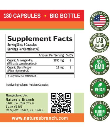 Organic Ashwagandha with Black Pepper - 180 Capsules - 1950mg Maximum Strength | Stress, Mood & Thyroid Support | Energy & Hair Health | Vegan Supplement - Buy Online on GoSupps.com