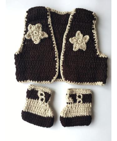 Pinbo Newborn Baby Photography Prop Crochet Knitted Cowboy Vest Shoes in Coffee - Adorable Infant Photo Shoot Outfit - Buy Online on GoSupps.com