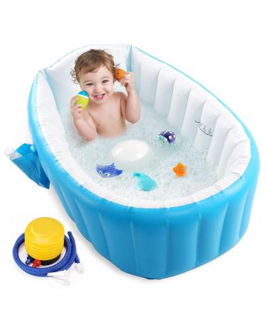 Baby Inflatable Bathtub, Portable Infant Toddler Bathing Tub Non Slip Travel Bathtub Mini Air Swimming Pool Kids Thick Foldable Shower Basin with Air Pump, Blue