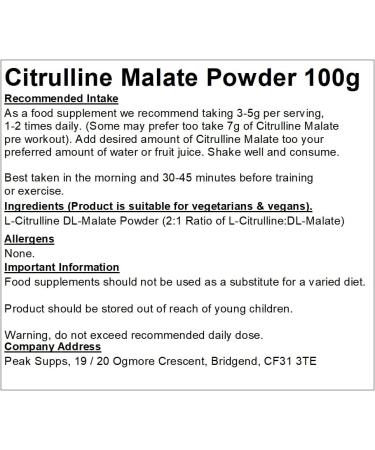 Citrulline Malate Powder 100g - Pure 2:1 Ratio | Boost Energy and Endurance - Buy Online on GoSupps.com