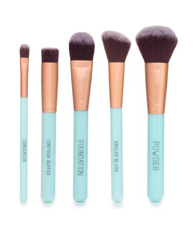 Nicole Miller Makeup Brush Collection 5 Piece Makeup Brush Gift Set Powder Brush Foundation Brush Concealer Brush Angled Blush Brush and Contour Buffer (Green)