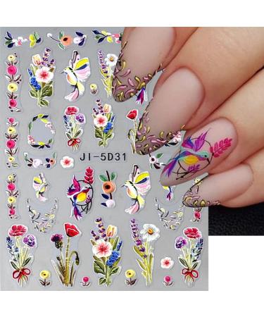Dornail 5D Embossed Bronzing Nail Stickers - Spring Floral Decals for Women Manicure - Colorful Flower & Bird Nail Art Accessories - Buy Online on GoSupps.com