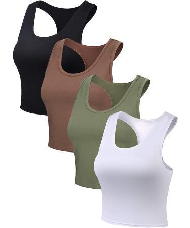 Boao 4-Piece Women's Crop Tank Tops Set - Sleeveless Racerback Sport Tops in Black, White, Army Green & Coffee Medium - Buy Online on GoSupps.com