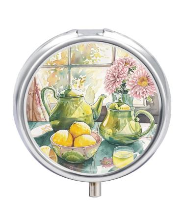 Pill Box Pill Case 3 Compartment Travel Pill Box Two Teapots Pattern Printing Small Pill Box Portable Medicine Pill Case Pill Organizer for Purse & Pocket for Travel Handbag (Round)