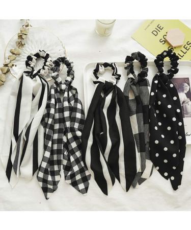 Black White Hair Scarf Scrunchies with Tail - Elastic Ponytail Bands for Women - Buy Online on GoSupps.com