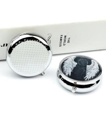 Round Pill Box with White Angel Wings Print | 3 Compartment Elegant Metal Pill Organizer | Portable Decorative Pocket Pill Case - Buy Online on GoSupps.com