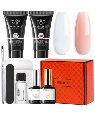 Modelones Poly Nail Gel Kit 30ml 2PCS Clear Nude Colors Nail Extension Gel with Slip Solution New Version Builder Enhancement Professional Starter Kit All-in-One Nail Technician French Kit