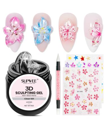 SUPWEE Clear 3D sculpting gel with floral stickers 15g multi-functional modeling gel for nails 3D gel floral stickers and nail brushes for DIY salon at the