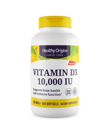 Healthy Origins Vitamin D3 10,000 IU (Non-GMO), 360 Softgels 360 Count (Pack of 1)