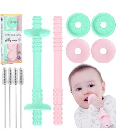 Teething Tube with Safety Shield Baby Hollow Teether Sensory Toys Gum Massager  Food-Grade Silicone for Infant 3-12 Months Boys Girls  1 Pair with 4 Cleaning Brush Included (Pink+Mint)
