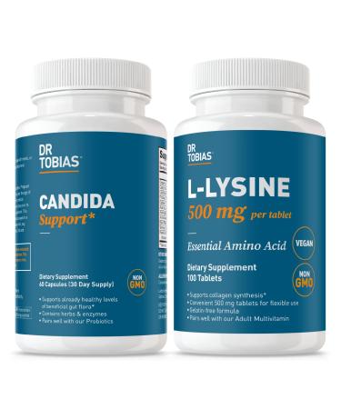 Dr. Tobias Candida Support (Gut Flora Balance Complex) + L Lysine 500 mg Tablets Intestinal Detox & Probiotic Enzyme Cleanse with Essential Amino Acid for Collagen & Skin Health