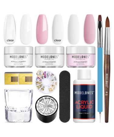 modelones Acrylic Nail Kit - Clear/White/Pink Acrylic Powder and Liquid Set with Rhinestone Glue Acrylic Nail Brush Unified Combo Starter Kit for Acrylic Nail Extension Beginner A1-Acrylic Nail Kit