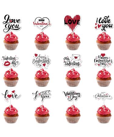 36Pcs Valentine's Day Cupcake Toppers 12 Designs Valentines Cupcake Toppers Sweet I Love You Kiss Heart Shaped Cupcake Topper Food Picks Cake Accessories for Valentine's Day Gifts Cake Decoration