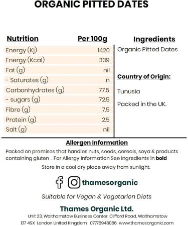 Organic Dried Pitted Dates - Raw Vegan GMO-Free - No Additives or Preservatives High Fibre Certified Organic - Nutritious Delicious and Convenient - Thames Organic 250g - Buy Online on GoSupps.com
