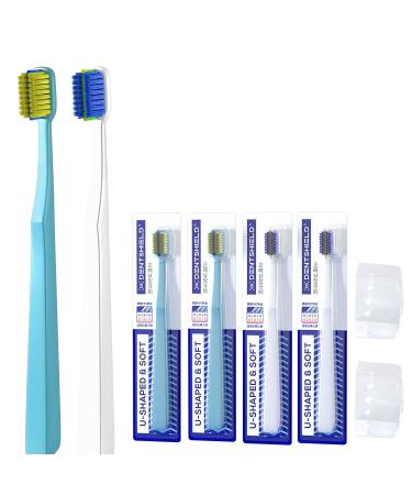 DENTSHIELD 4 Pcs Orthodontic Toothbrush for Braces U-Shaped Soft Bristle with 4 Toothbrush Head Cover(Blue+White (4 Pack) 4 Count (Pack of 1)