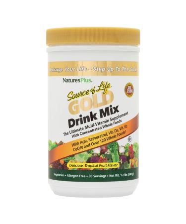 NaturesPlus Source of Life Gold Drink Mix Tropical Fruit Flavor - 1.2 lb - Multi-Vitamin Supplement - Blood Bone & Immune Support - Gluten Free - 30 Servings