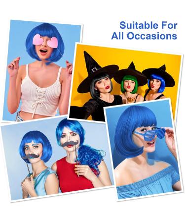 AOMIG Short Bob Wig for Women 4 Pack Short Blue Bob Wigs Set with Sunglass and Wig Cap Neon Fancy Dress Accessory Cosplay Wig with Bangs Synthetic Straight Wig for Daily Halloween Party Cosplay - Buy Online on GoSupps.com
