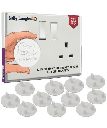 BaBy Laughs Plug Socket Covers UK for Baby Proofing - 12 Pack Tight Fit Waterproof Wall Socket Protector Set for Indoor Outdoor Use White Electric Socket Cover for Child Safety 12 Count (Pack of 1)