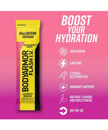 BODYARMOR Caffeinated Flash I.V. Electrolyte Packets - Dragonfruit Berry - Zero Sugar Energy Drink Mix Single Serve Packs Hydration for Pre Workout Travel Essentials Active Lifestyle (6 Count) Caffeinated Dragonfruit Be  - Buy Online on GoSupps.com