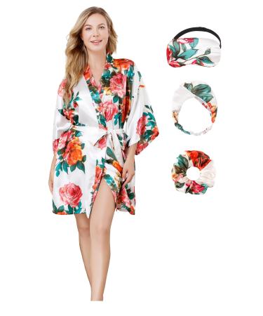 MEIKLE Silky Robes for Women Bridesmaid Bride Bridal Party Wedding Kimono with Blindfold Hair Bands Elastic Hair Scrunches Dh-white S/M