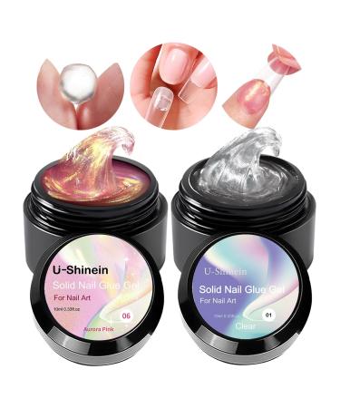 U-shinein 2x10ml solid nail glue gel kit clear nude nude nail glue gel for acrylic nails tips press on solid glue gel nail art manicure glue gel transparent+colorful pink