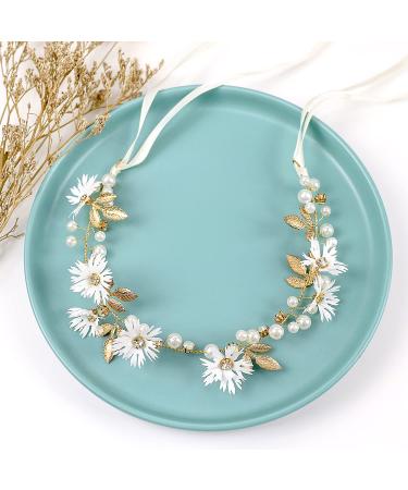 Daisy Flower Hair Ribbon Headband Crown Wedding Hair Vine Gold Leaf Rhinestone Pearl Bridal Headband Tiara Hair Accessories with Ribbon Festivals Party Spring Summer Hair Pieces for Women 4th of July - Buy Online on GoSupps.com