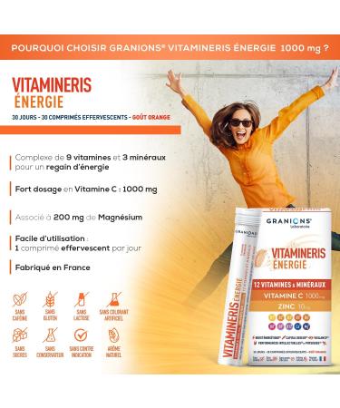 Granions Vitamineris Energy 1000mg - 30 Effervescent Tablets 30 Days - Continuous Energy - Intellectual and Physical Performance - 12 Vitamins and Minerals - Made in France - Buy Online on GoSupps.com