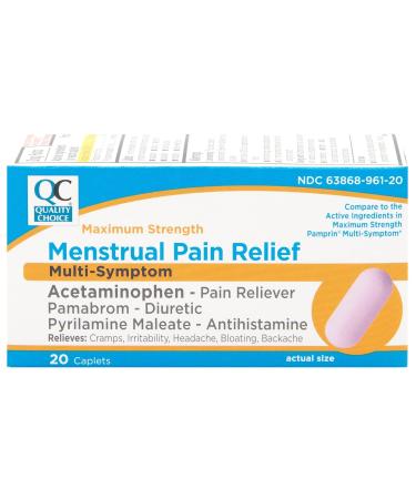 Quality Choice Maximum Strength Mentrual Pain Relief Multi Symptom Pain Relief Caplets Treatment of Cramps Headache Bloating Backache & Irritability 20 Count Package