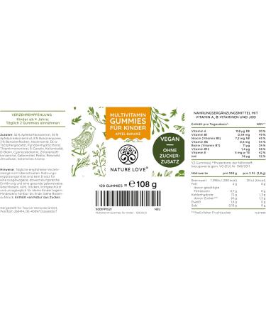 NATURE LOVE Kids Multivitamin Gums - 120 Gums - No Added Sugar - Vitamins A B1 B3 B6 B8 (Biotin) B12 E & Iodine - Kids Vitamins in Gums - Vegan Lab Controlled - Buy Online on GoSupps.com