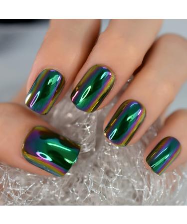 Chrome Green Press On Nails Short Square Full Cover Fake Fingernails Art Daily Wearable Electroplate Design Manicure False Nails Tips (24pcs) L6248A