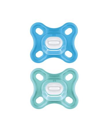 MAM Comfort Schnuller in the 2 Set particularly small and light baby pacifier for early & newborns made of 100% silicone with soft MAM SkinSoft suction part & pacifier box 0+ months blue/turquoise