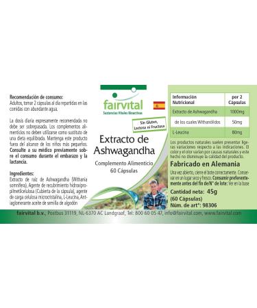 Fairvital | Ashwagandha 500mg - VEGAN - 180 g lules (60 x 3) - Ginseng Indien - extrait d' Ashwagandha extra fort standardis 5% de withanolides - Buy Online on GoSupps.com
