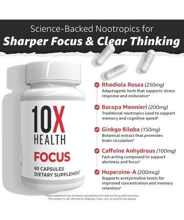 10X Health Focus Rhodiola Rosea - Brain Supplements for Memory and Focus - 60 Capsules Focus Supplement Memory Supplement for Brain Health with Ginkgo Biloba Huperzine A - Ginkgo Biloba Capsules - Buy Online on GoSupps.com