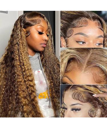 AHUFALU Ombre Highlight Lace Front Wigs Human Hair Deep Curly Wave 13x4 HD Lace 4/27 Colored Lace Front Wigs Pre Plucked With Baby Hair Highlight Blonde Deep Wave Wigs 150% Density With Five Gifts 18 Inch deep curly wave